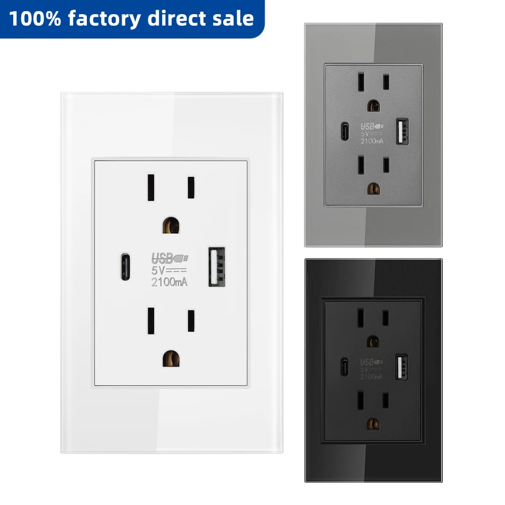 VISWE US Standard socket with usb type-c charging 5V 2.1A, 118*72mm Tempered Glass Panel, dual American Wall Outlet 15A 220V