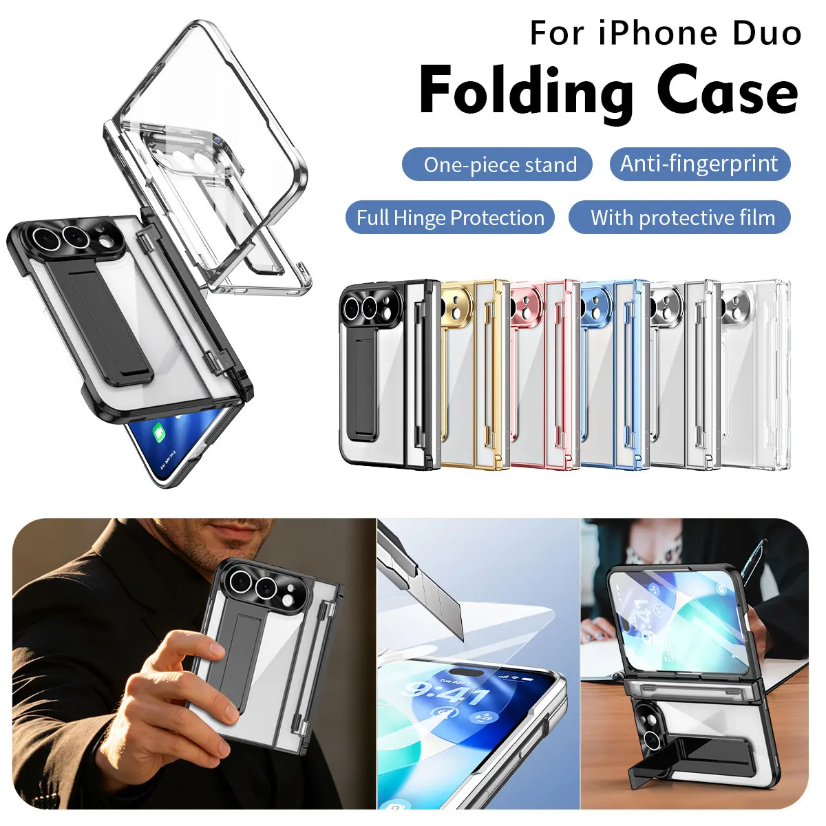 Fold Case for Apple iPhone Duo Full Hinge Protection Built-in Front Film Kickstand Shockproof Cover
