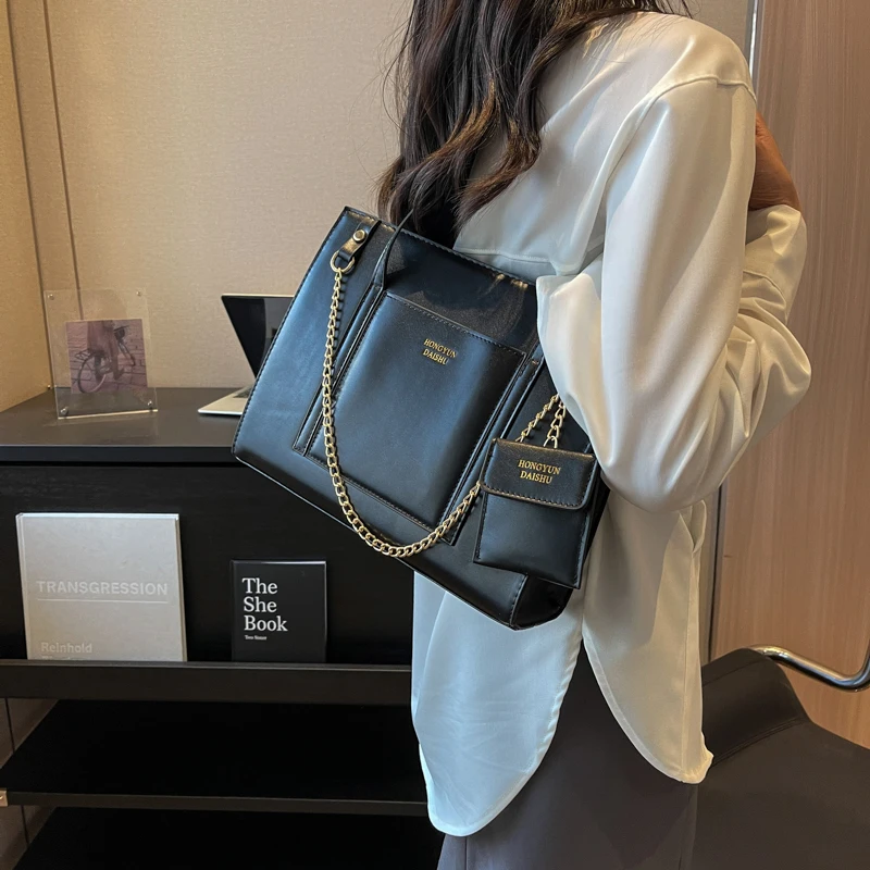 Chain Large Capacity One Shoulder Bag With Small Wallet Femal PU Leather Casual Handbag Korean Style Simple Fashion Underarm Bag