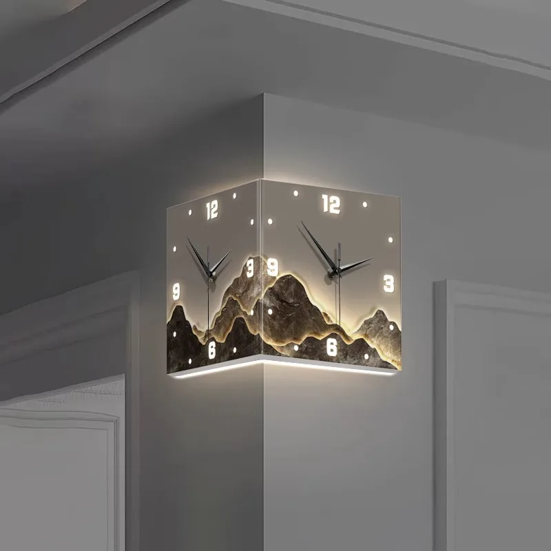 Minimalist Wall Lamp Double-Sided Corner Wall Clock with LED Lamp Drill-Free LED Lamp with Clock Wall Art
