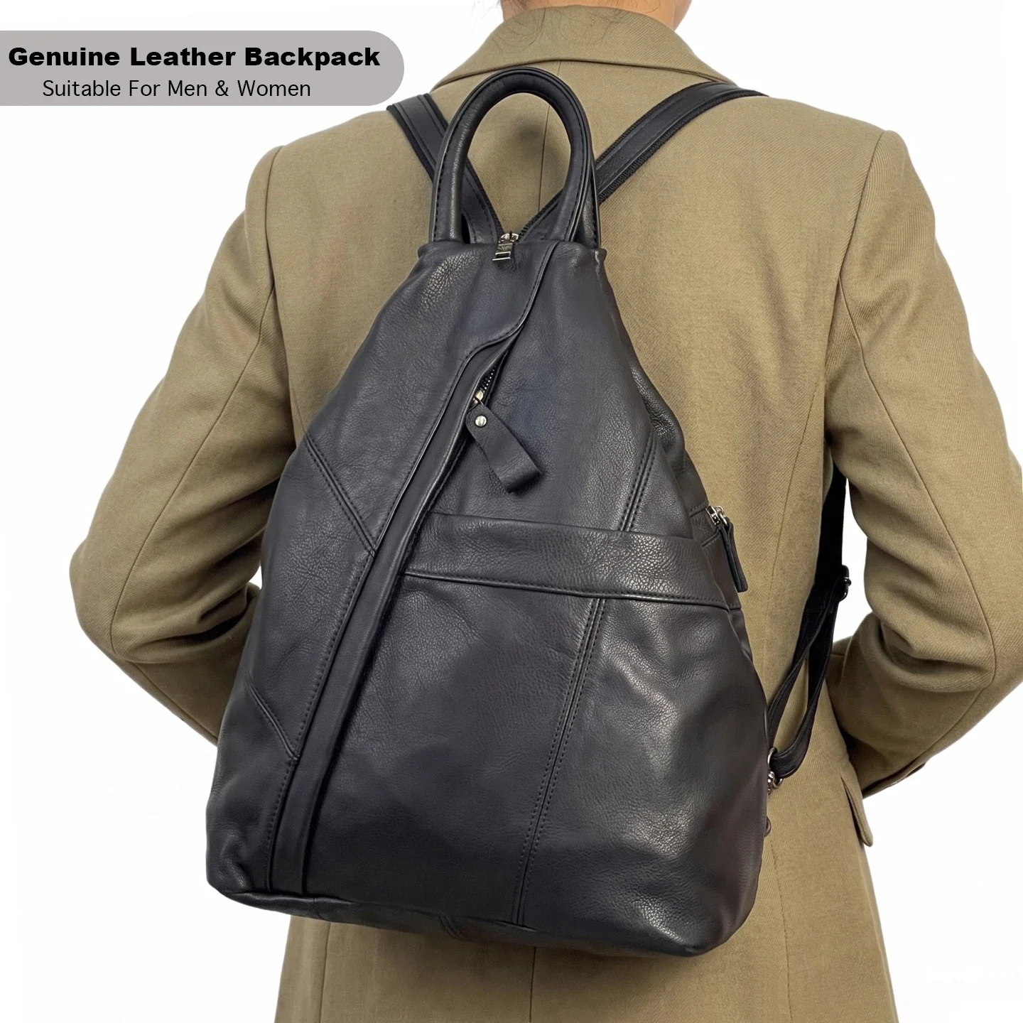 Unisex Triangular Irregular Shape Genuine Top Grain Cowhide Backpack Men Women Rucksack Commute Travel Daily Use Black Bag