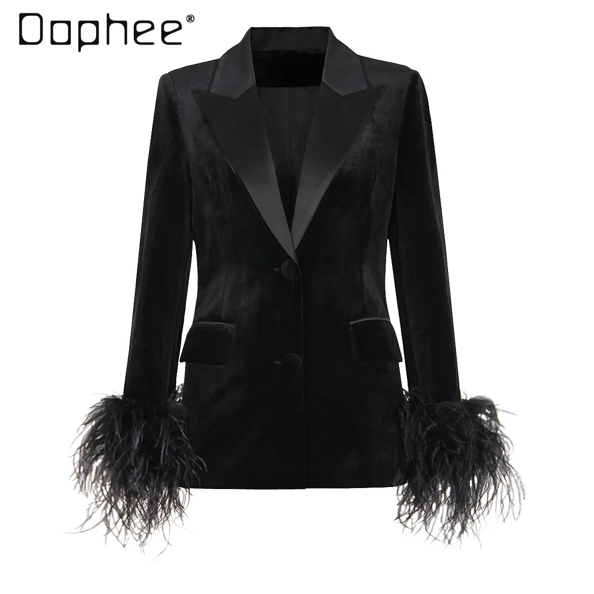 Primavera outono nova moda high-end veludo gola cruzada único breasted fino avestruz pena retalhos manga longa blazer jaqueta