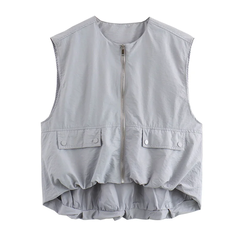 Koekop Women\'s Fashion Solid Color Fake Pockets Decorative Round Neck Sleeveless Vest Vintage Casual Women\'s Chic Vest Jacket