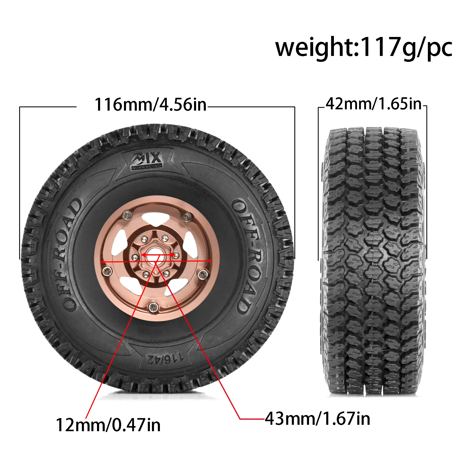 4Pcs Aluminum 116mm 1.9-Inch Metal Wheels+Tires 1/10 Weili 104020 Liema TRAXXAS TRX4 SCX10 4WD