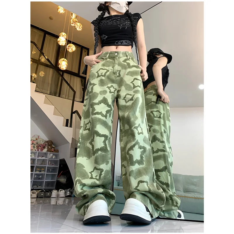 Green Womens Jeans High Waist Vintage Straight Baggy Denim Pants Streetwear American Design Sense Fashion Wide Leg Denim Trouser