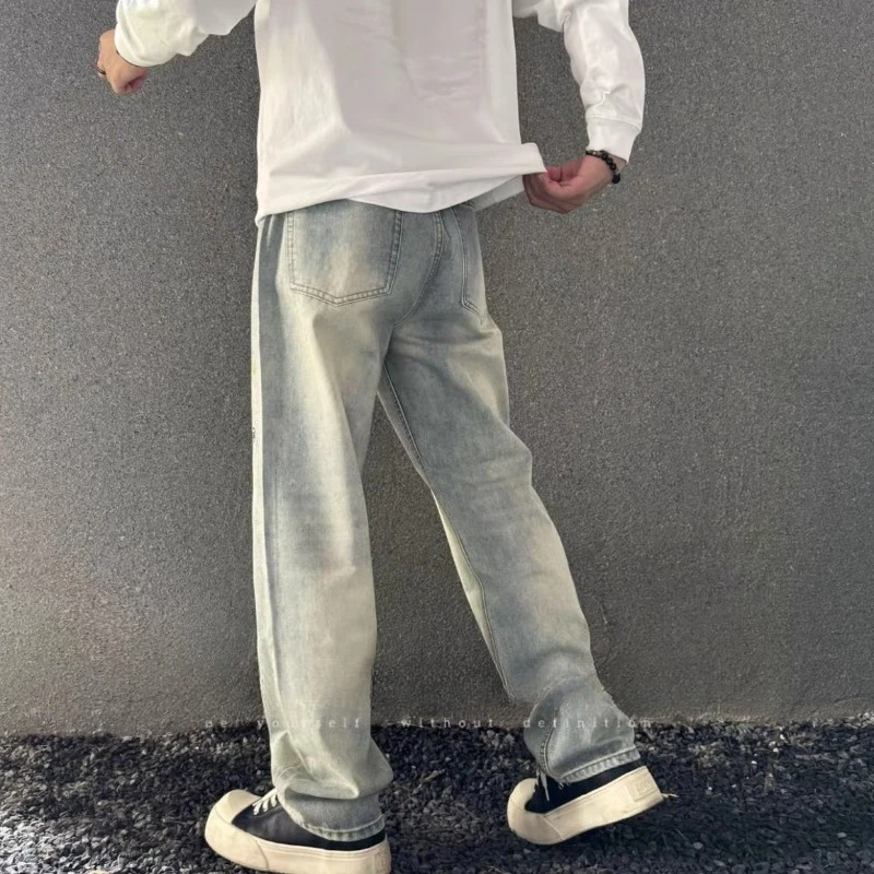 

Men's Loose Spring and Autumn New Washed Old Retro Blue Straight Pants Korean Version Trousers 2026 High-end Gypsy Printed Jeans