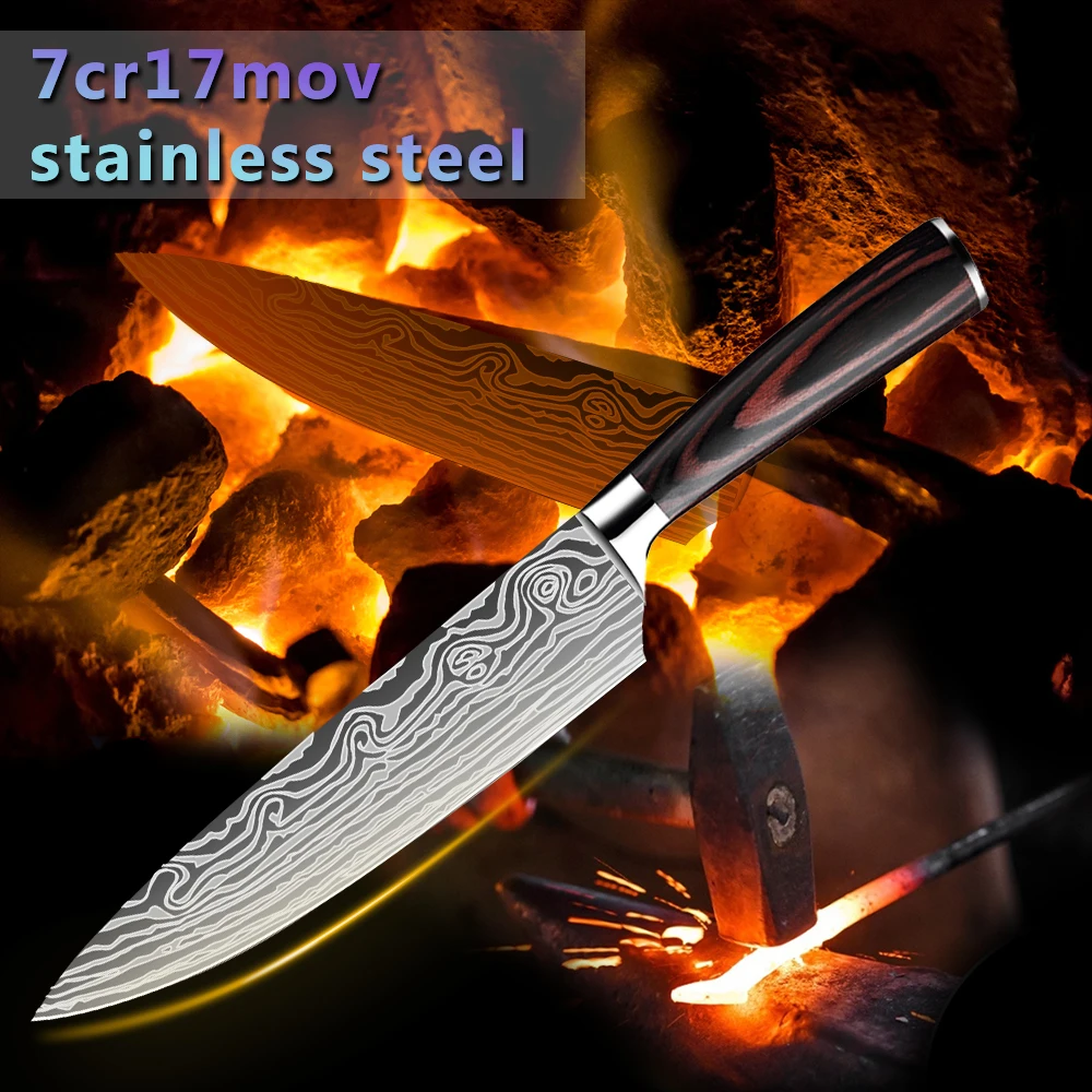 ZENG Küchenmesser-Set mit Lasermuster, Kochmesser, ultrascharfes Santoku-Schneidemesser, ergonomischer Holzgriff in Farbe, Kochmesser – Detail 10