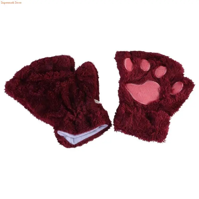 Q5WE for Cat Kitten Fingerless Thick Faux Fur Plush Gloves for Girls Wo