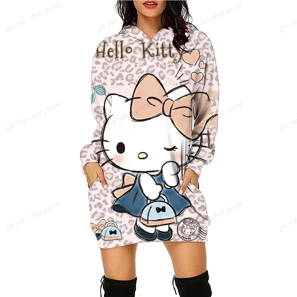 Japan Anime Hoodies Dresses Women Sweatshirts Hello Kitty Print Autumn Long Pocket Print Sweatshirts Tops Casual Ladies Pullover