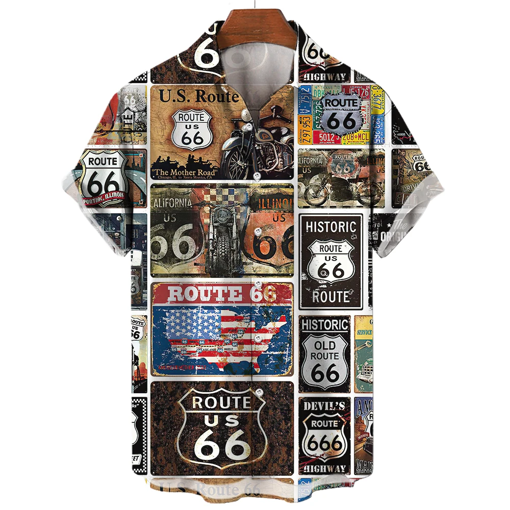 Camisa retrô Route 66 masculina, estampa 3D, manga curta, blusa extragrande, respirável, camisa havaiana, roupa de verão, 2024