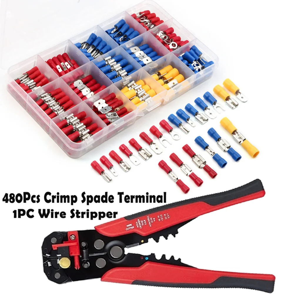 

480PCS Assorted Female Male Crimp Spade Terminal Insulated Electrical Wire Connector Kit with 1PC Wire Crimp Cutting Plier