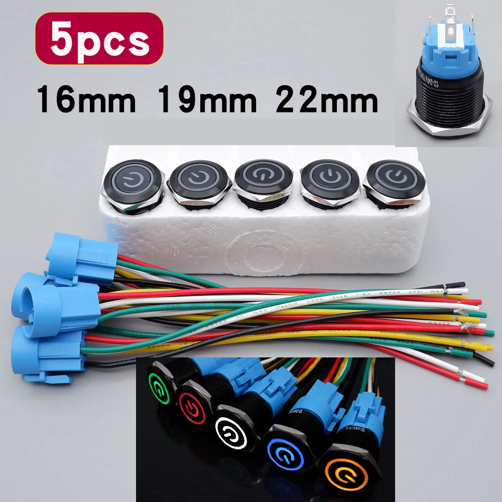 

5pcs Black Led Momentary Switch 12v Push Button On Off Waterproof 16mm 19mm 22mm Metal Power Latching 3v 5v 6v 24v 110v 220v ﻿