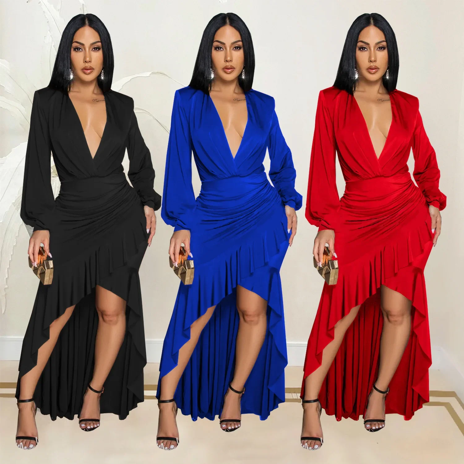 

Autumn Full Sleeve V-Neck Ruffles Split Long Dress Street Ruched Women Birthday Party Night Evening Vestidos Dresses