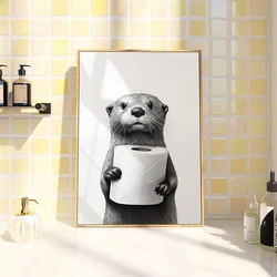 Cute Animals Toilet Paper Living Room Wall Art Poster Black and White Otter Canvas Painting Print Funny Bathroom Home Decoration