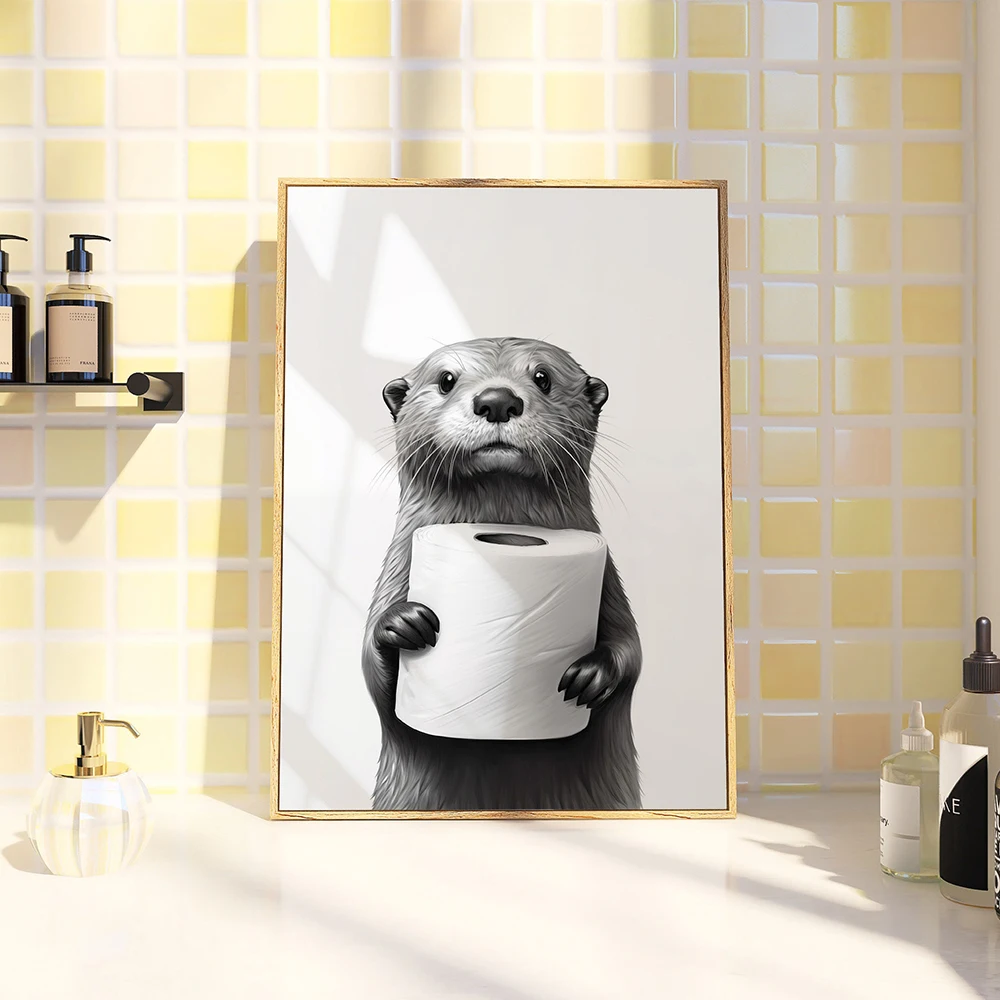 Cute Animals Toilet Paper Living Room Wall Art Poster Black and White Otter Canvas Painting Print Funny Bathroom Home Decoration