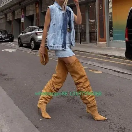 Lady brown suede pleated design boots sexy pointed toe daily new arrive boots over the knee stiletto heel punk style dress boots