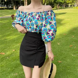 French Vintage Women Slash Neck Pleated Floral Printed Tshirt Sweet Casual Female Tee Tops Off Shoulder Summer Fashion T-shirts