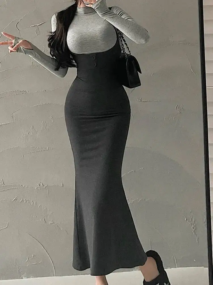 Womengaga sexy apertado cintura alta manga longa camiseta hip fishtail cinta longo maxi vestido vestidos coreano robe topos f8sf