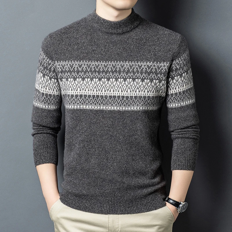 Mock Neck High-End Men Sweater Wool 100% Knitwear Warm Fleece Winter Quality Soft Comfortable Elastic Pullover Sueters De Hombre
