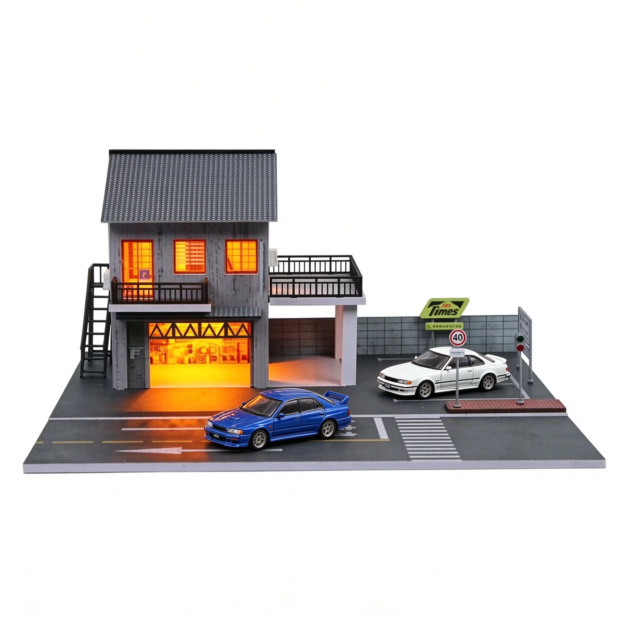 1/64 LED Light up Car Garage Diorama Model Kit with Parking Lot City Backdrop DIY Display Set for Toy Car Enthusiasts