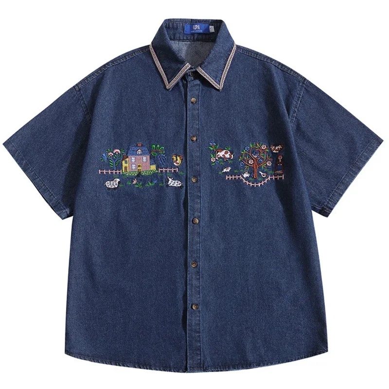 Cartoon Embroidery Cargo Shirts Mens Summer Retro Casual Streetwear Lapel Single Breasted Short Sleeve Denim Shirt Men Clothing