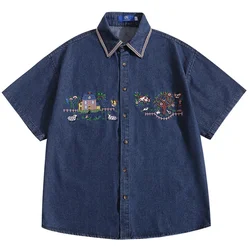 Cartoon Embroidery Cargo Shirts Mens Summer Retro Casual Streetwear Lapel Single Breasted Short Sleeve Denim Shirt Men Clothing