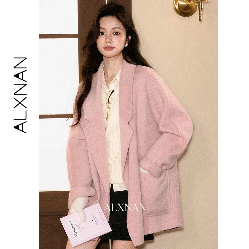 ALXNAN Women's Wool Pink Woolen Coat Notched Lapel Collar Patch Pocket Detail Overcoat Elegant Autumn Ladies Clothing L58157