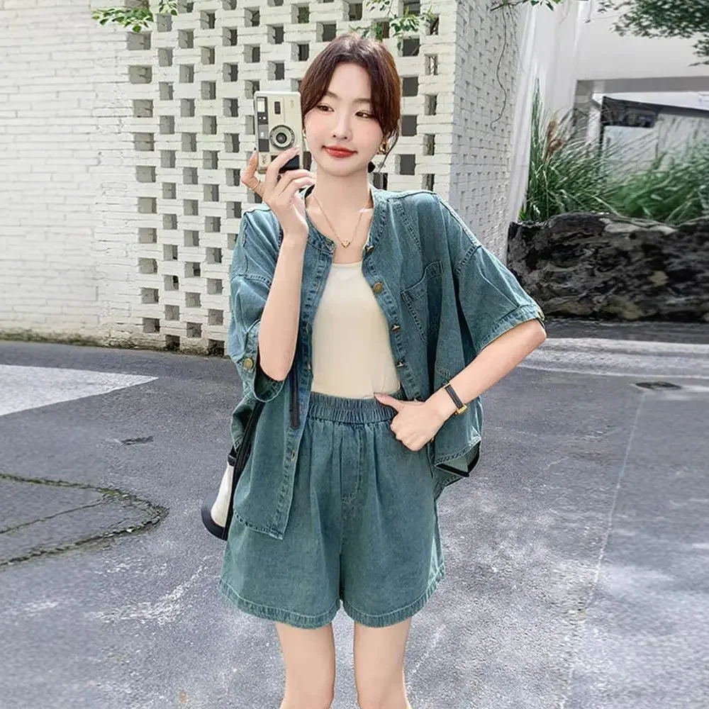 Elastic Waist Woman Shorts Denim With Jacket Office Short Sets for Women 2 Pieces Outfit Trends Top and Bottom Novelties Luxury