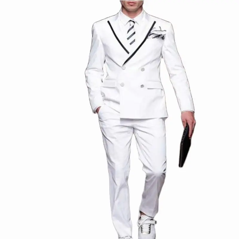 Latest White Double Breasted Suit for Men Blazer with Black Peak Lapel Wedding Party Dinner Groom Tuxedo Terno Masculino 2 Piece