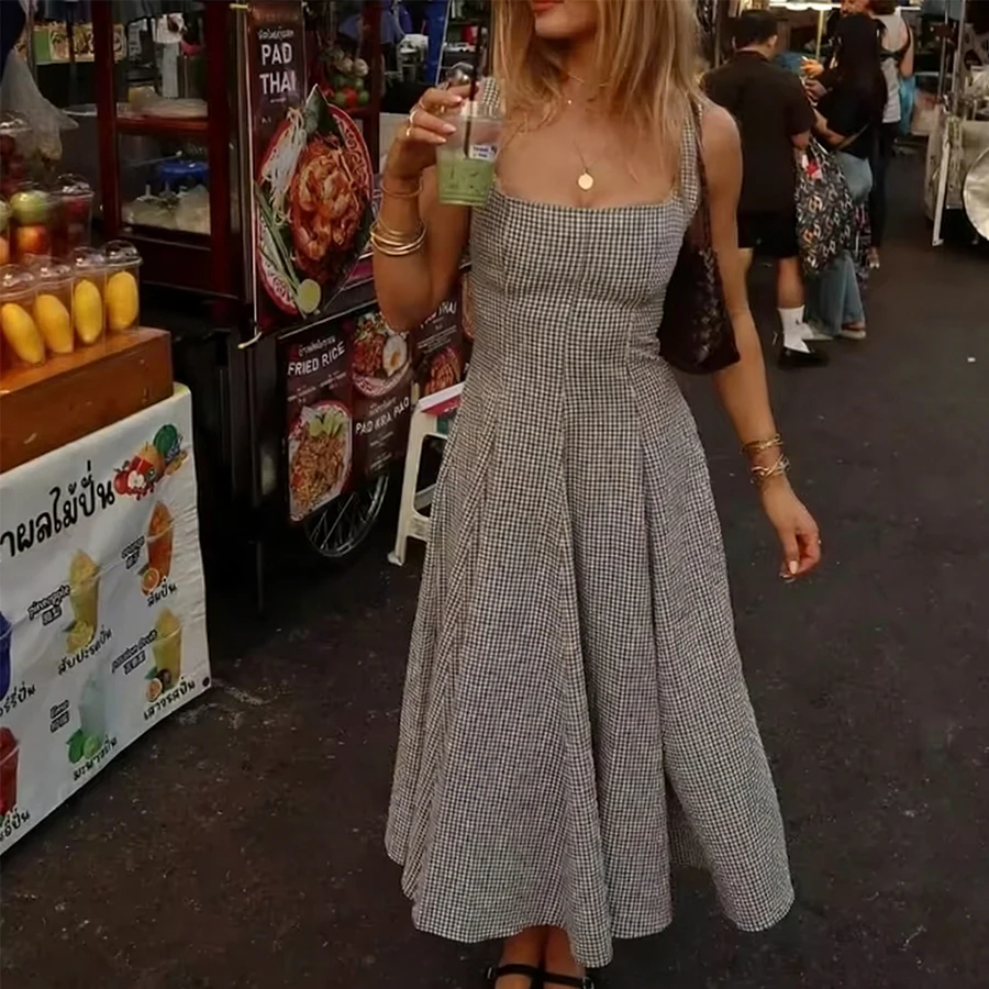 Damen Frühling Sexy Kariertes Tanktop-Kleid Damen Schlankes Hochgeschnittenes Faltenrock Midi Langes A-Linien Damenkleid