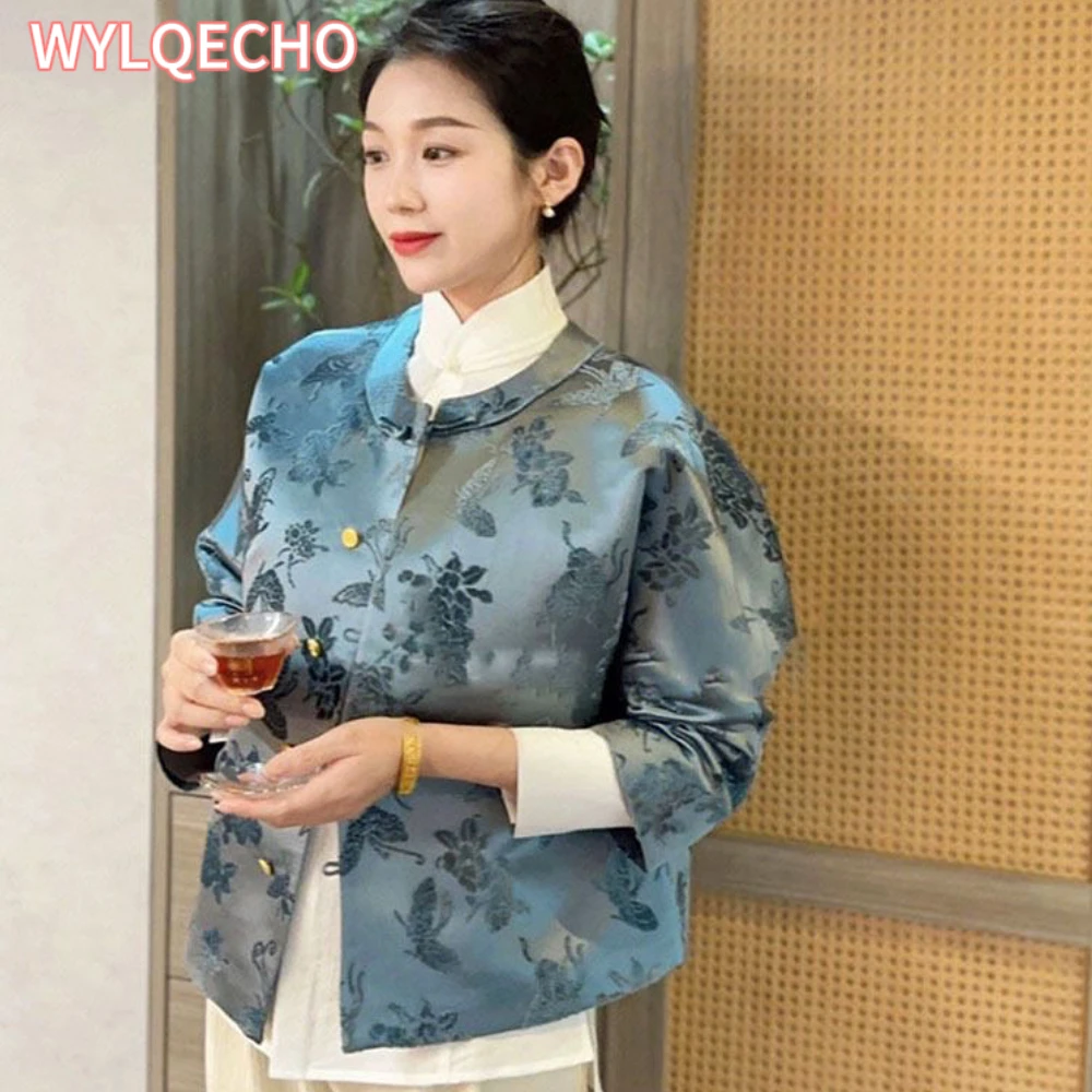 2023 Traditional Chinese Qipao Blouse National Flower Embroidery Women Autumn New Tangsuits Top Women Elegant Daily Blue Coat