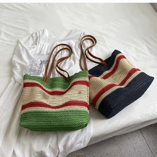 Bolso de mujer de gran capacidad tejido de tendencia urbana a la moda con rayas contrastantes estilo estación de playa bolso de paja