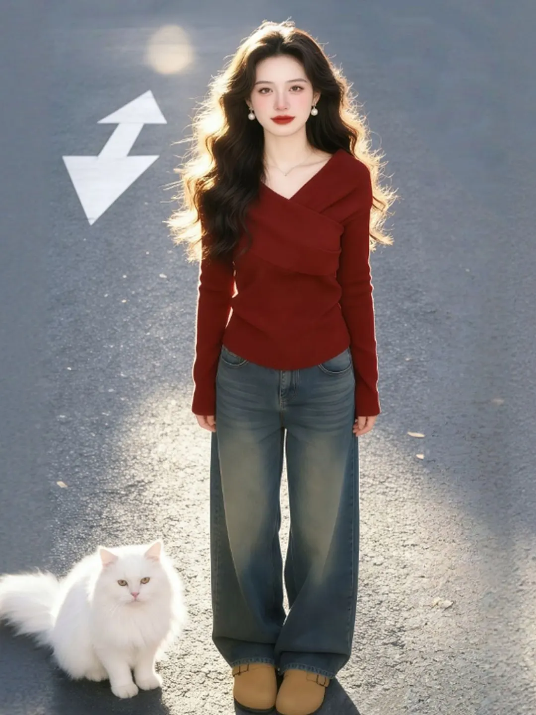 

Slimming Red T-irt Women's Faionable Spring New Sle Long Sve Knitted Cotton Casual Top for Par Busin Home Wedding