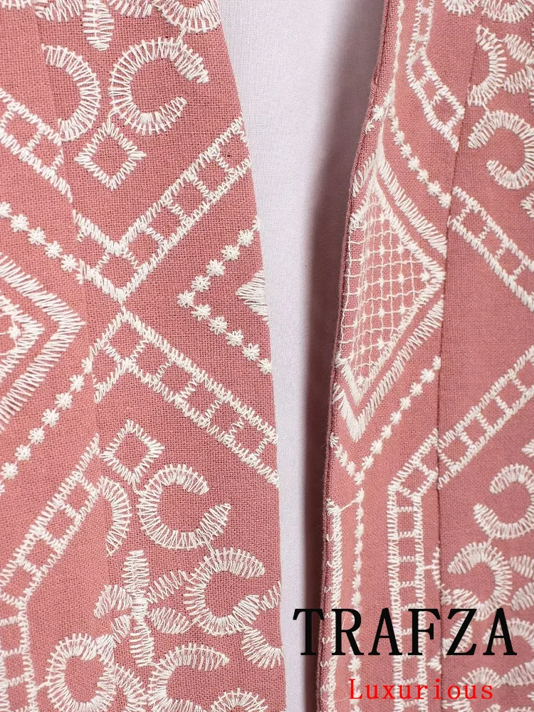 TRAFZA Vintage Chic Women Suit Embroidery Cardign Long Sleeve Jacket Loose Straight Pants New Fashion 2024 Autumn Winter Suits