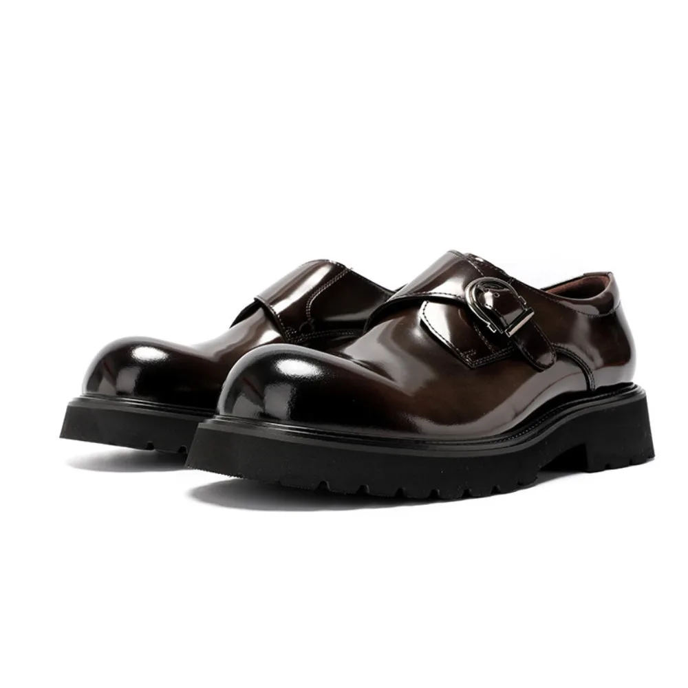 New Premium Genuine Leather Men's Dress Shoes Buckle Strap Shiny Thick Sole Height Increasing Business Casual Versatile Mens