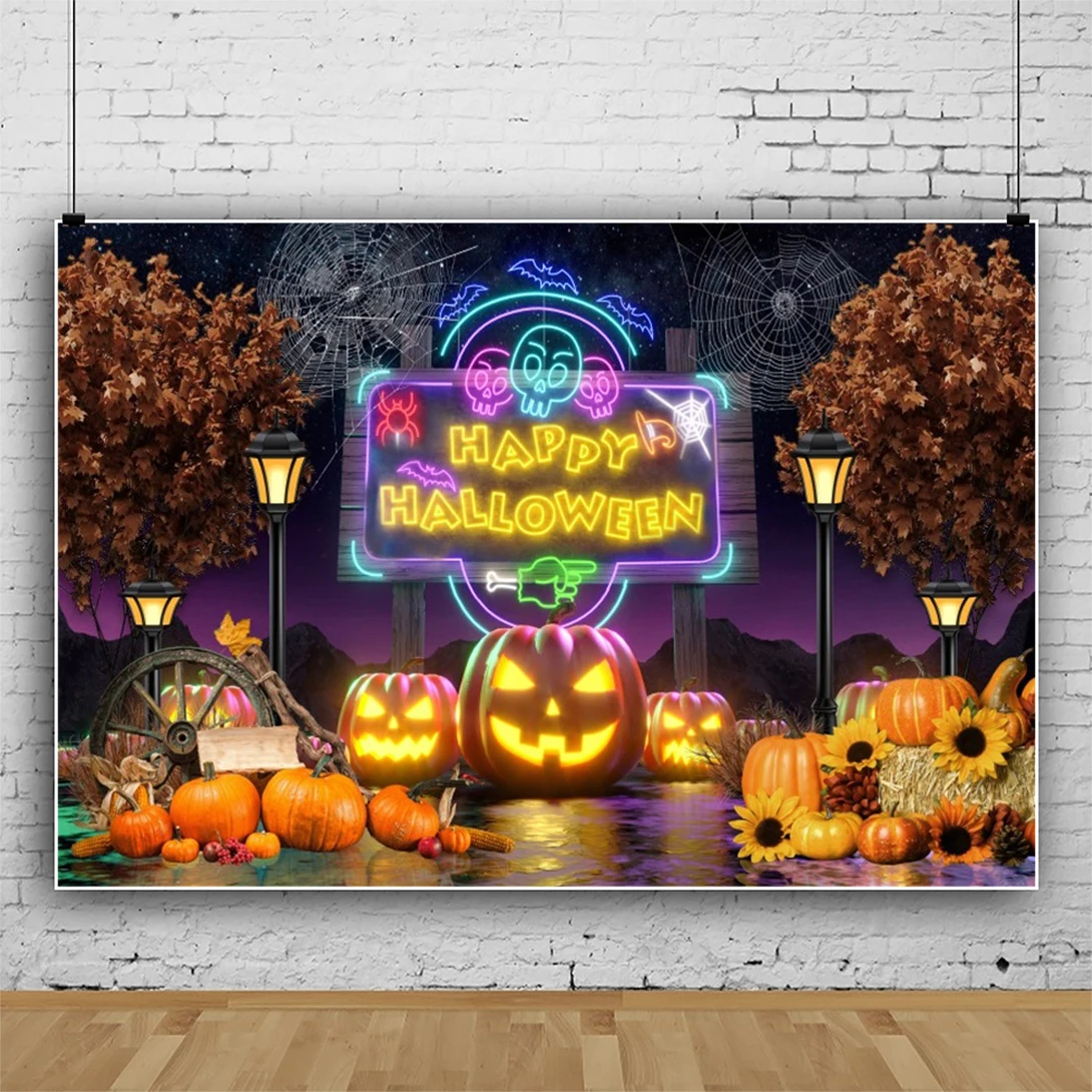 

Happy Halloween Party Decor Backdrop Pumpkin Scary Zombie Bat Children Portrait Moon Night Photography Background Photo Studio