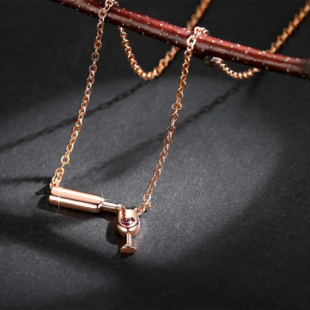 Fashion Romantic Wineglass Rose Gold Silver Color Glass Bottle Red Wine Alloy Jewelry Choker Necklace Pendant