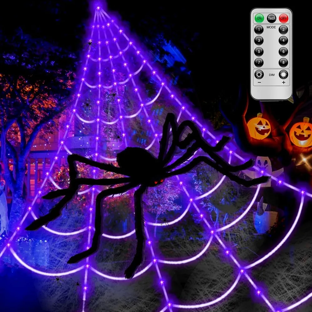 

Spider, Webs Halloween Decorations Lights - 250 LEDs 16.4Ft Outdoor Battery Operated String Purple Halloween Lights, Spiderweb