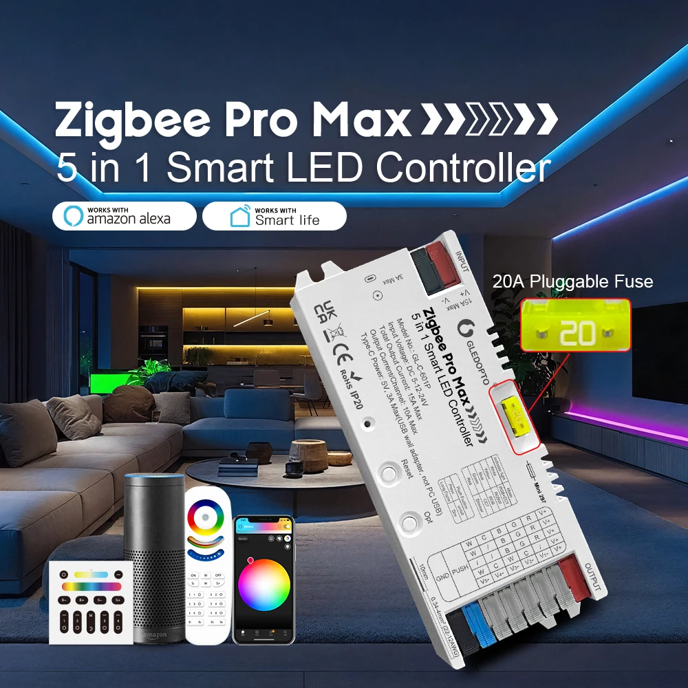 ZigBee 3.0 LED Strip Controller 5 in 1 RGBCCT RGBW RGB CCT Dimmer Monochrome Color White Light Mix PWM Dimming App Voice Control