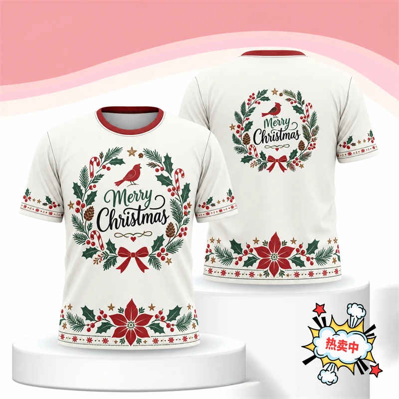 3D Print Merry Christmas Wreath T Shirt For Women 2026 New Fashion Autumn Short Sleeve Xmas Tee Casual Holiday Unisex Tee Tops