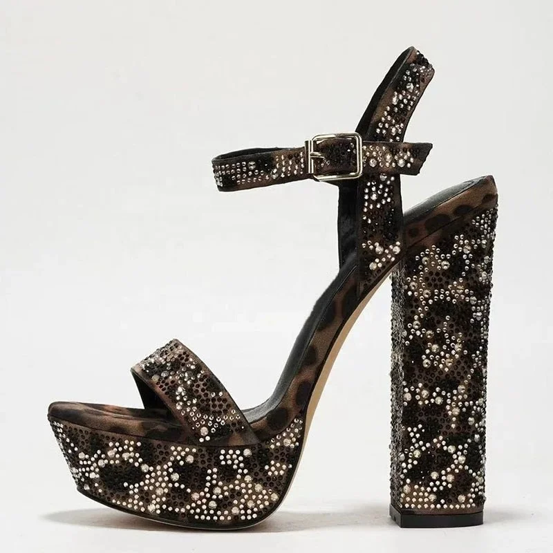 

Leopard Print Chunky High Heel Platform Sandals Women Rhinestones Decor Round Toe Fish Mouth Hollow Sandals Big Size 42