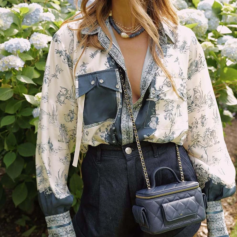 

Винтажная атласная женская блузка с цветочным принтом, рубашки, модный топ с отложным воротником и пуговицами, весенне-осенний Blusa Mujer с длинными рукавами