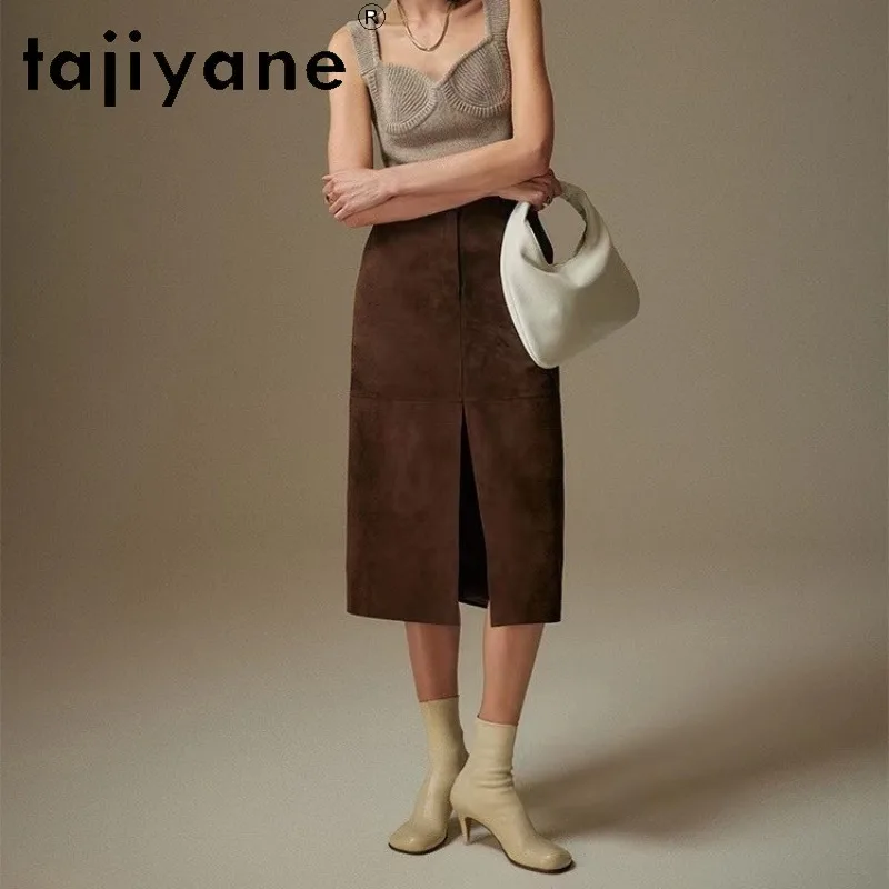 TAJIYANE Genuine Leather Skirt Goat Suede Women's Skirts Straight Skirts for Woman Clothing Midi Skirts 2026 Woman Elegant Юбка
