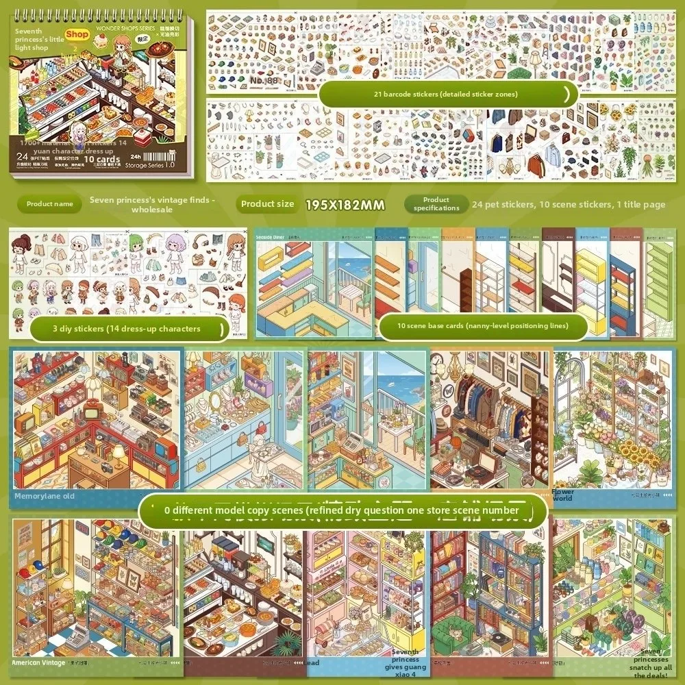 Shop Theme Miniature Scene Sticker 10 Scenes Self-Adhesive Stress Relief Sticker Dessert Shop Bookstores PET Sticker Book
