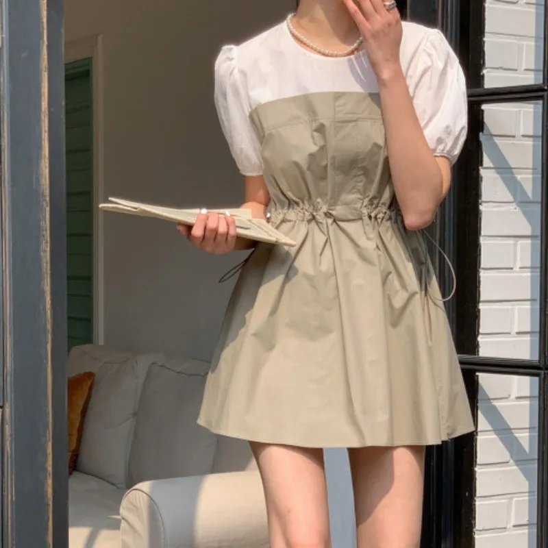 

French Chic Style Patchwork A-line Dress for Women's Summer Bubble Sleeves Drawstring Short Dress Fashion Female Clothes