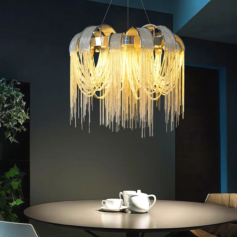 

New Nordic designer Italian tassel chain chandelier Chrome lustre luxury suspension luminair Living Room Restaurant decoration