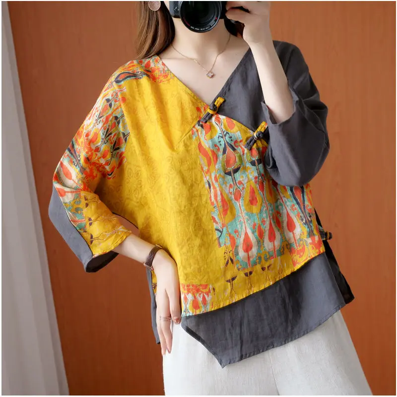 Women\'s Irregular 2023 Spring and Autumn New Retro Printed V-neck Contrast Color Patchwork Loose Shirts 5/4 Sleeve Pullover Tops