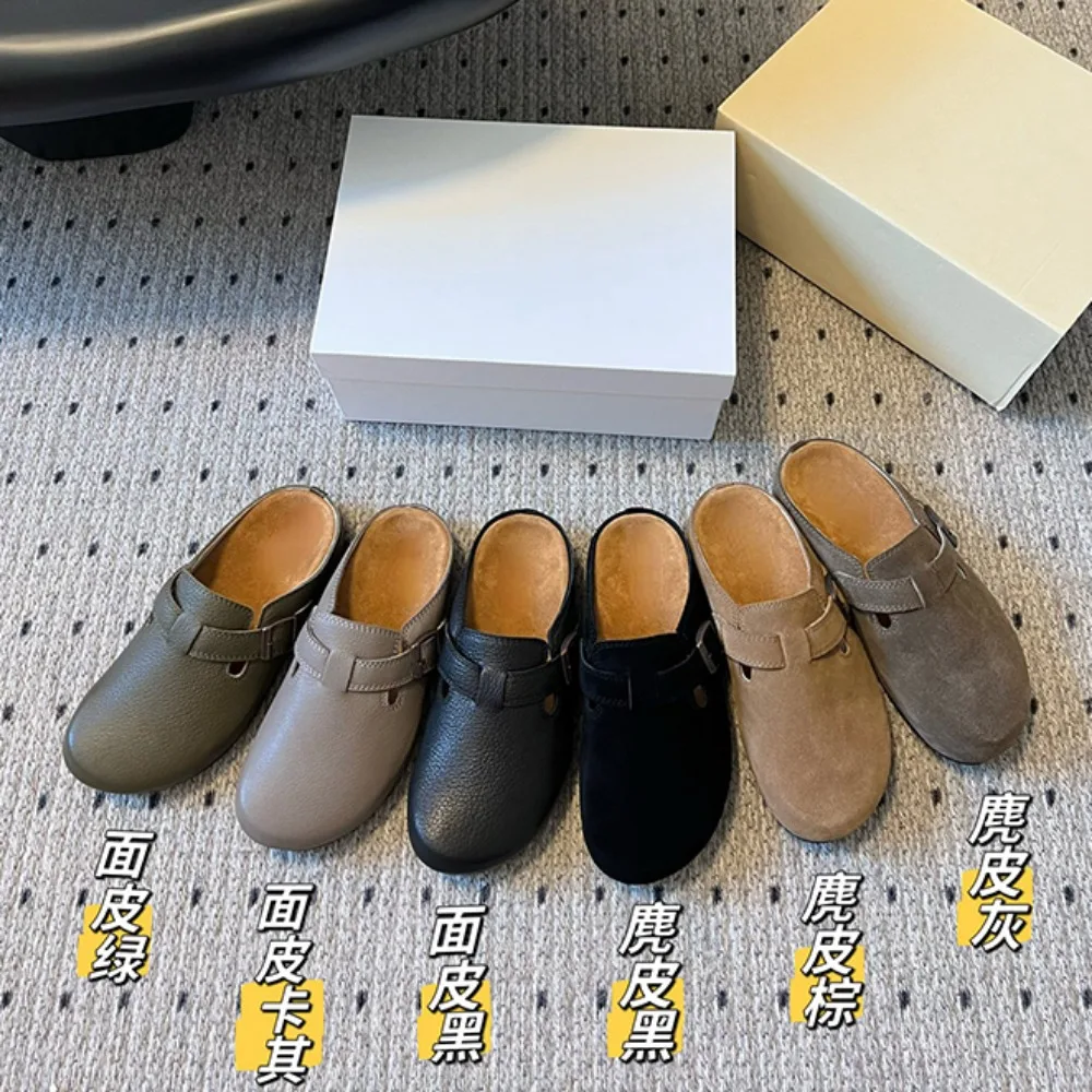 

NIGO Grey Round Toe Suede Flat Shoes Concise Fashion Versatile Casual Buckle Sandals Women's Four Seasons Slippers #NGSH1158