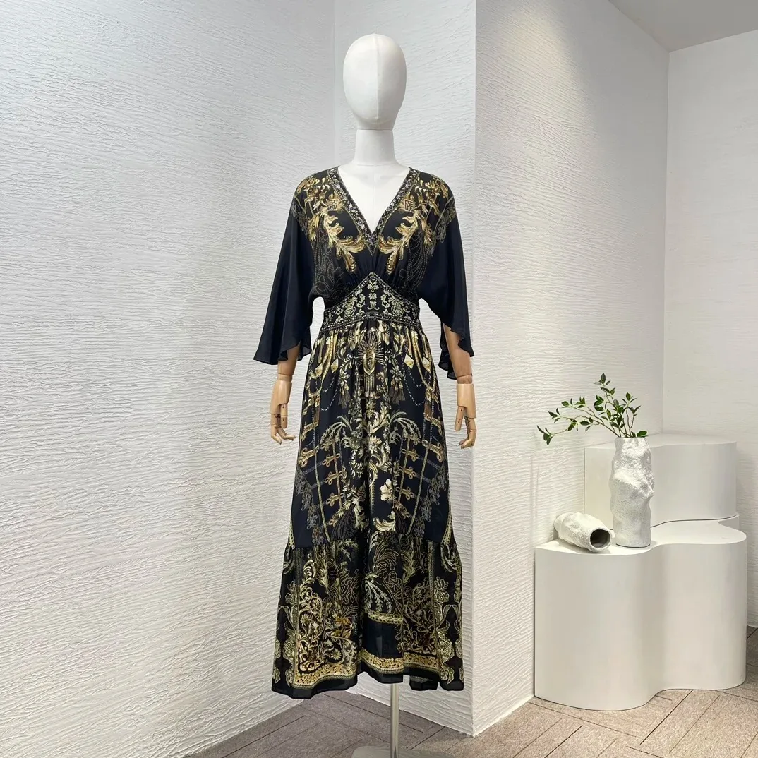 

Black Print V-Neck Women Clothes 3/4 Sleeve Diamonds Midi Dress 2024 New High Quality Silk Spring Summer Clothing