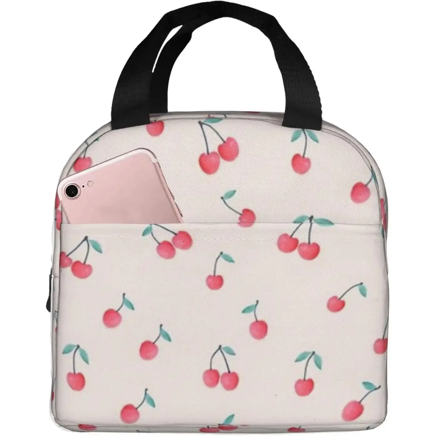 Cute Pink Cherry Print Reusable Insulated Lunch Bag For Women Men Waterproof Tote Lunch Box Thermal Cooler Lunch Tote Bag